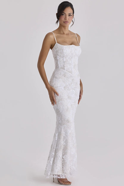 Naeva White Hand Beaded Embellished Satin Bridal Gown