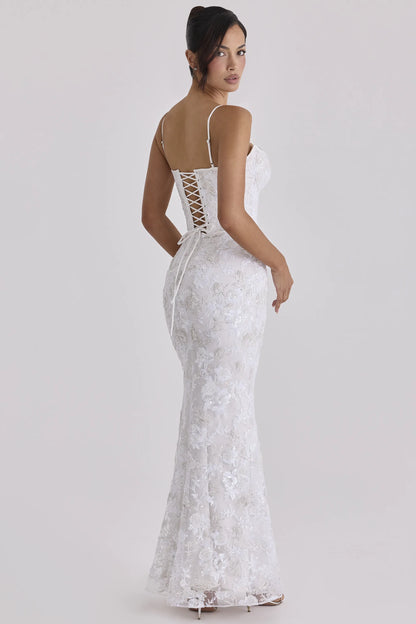 Naeva White Hand Beaded Embellished Satin Bridal Gown