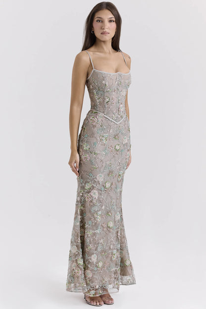 Naima Silver Embellished Beaded Corset Maxi Dress