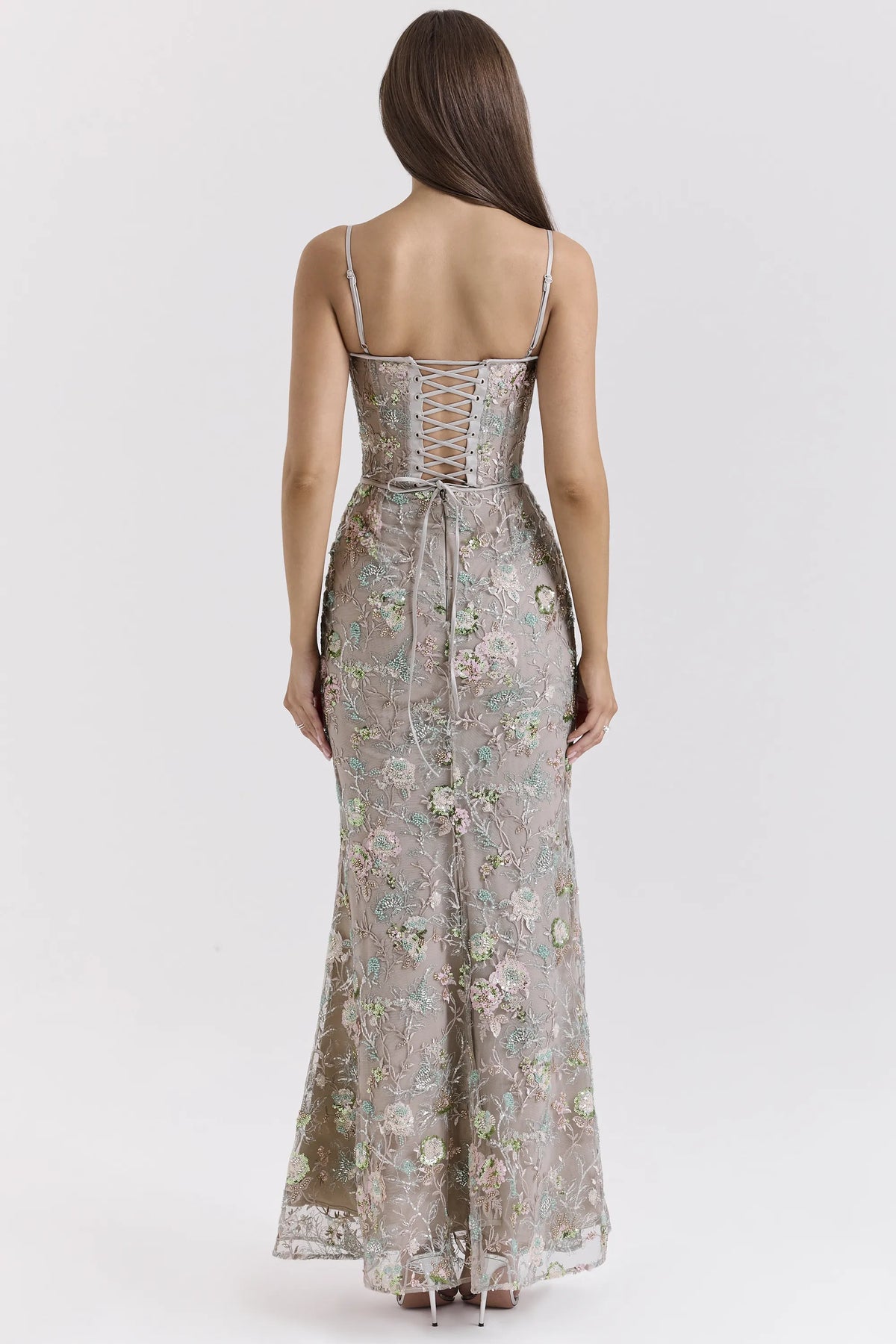 Naima Silver Embellished Beaded Corset Maxi Dress