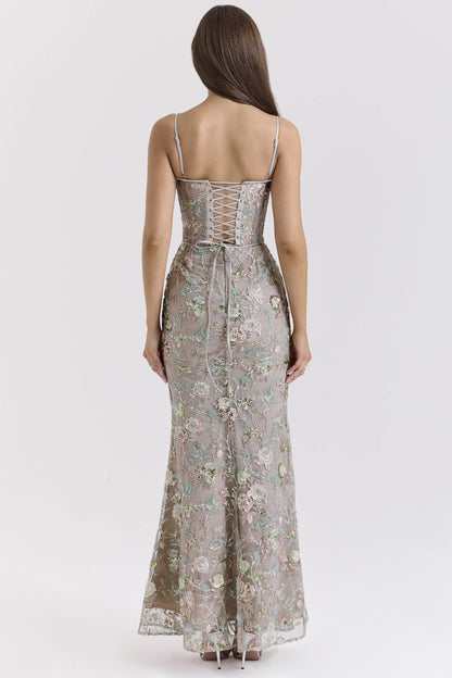 Naima Silver Embellished Beaded Corset Maxi Dress