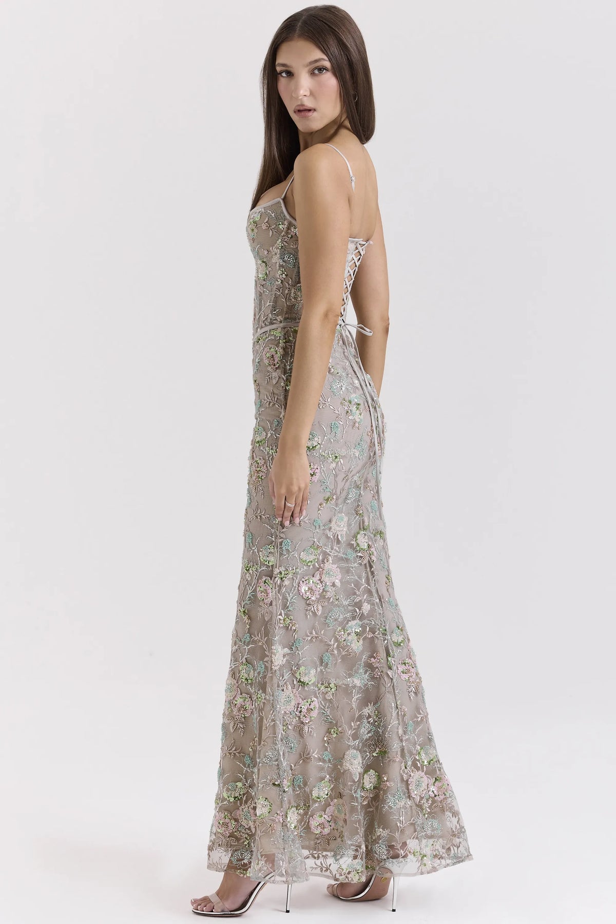 Naima Silver Embellished Beaded Corset Maxi Dress