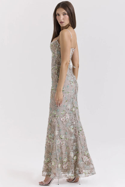 Naima Silver Embellished Beaded Corset Maxi Dress