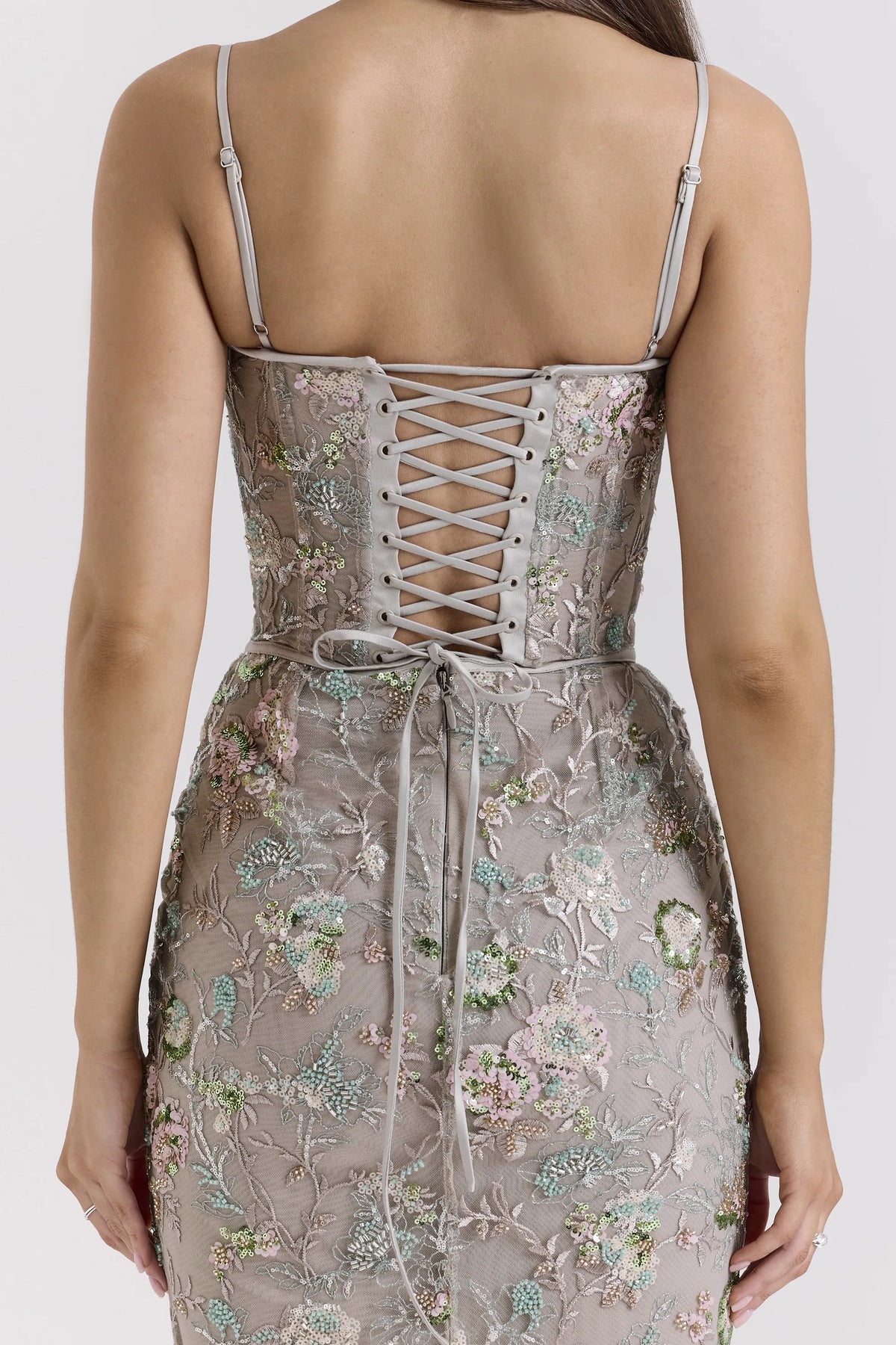 Naima Silver Embellished Beaded Corset Maxi Dress