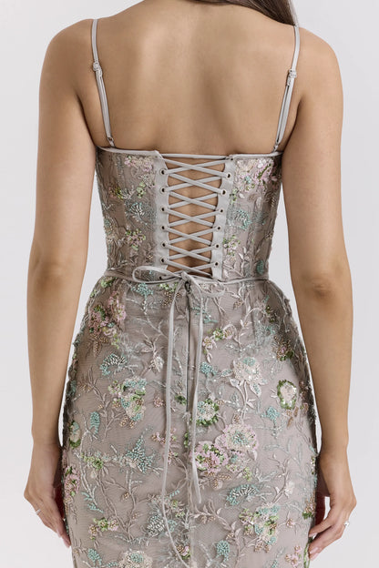 Naima Silver Embellished Beaded Corset Maxi Dress
