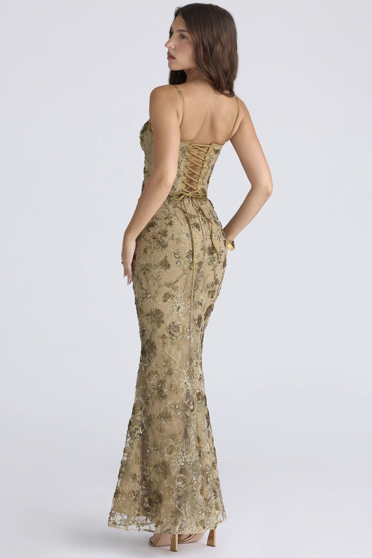 Naima Olive Bronze Hand Beaded Embellished Corset Maxi Dress - Limited Edition