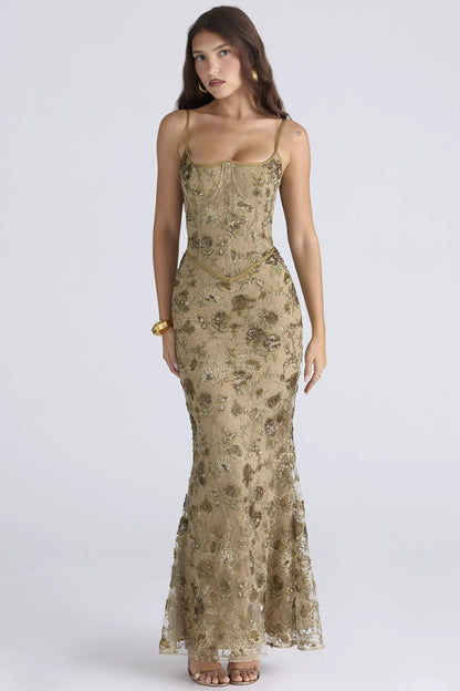Naima Olive Bronze Hand Beaded Embellished Corset Maxi Dress - Limited Edition