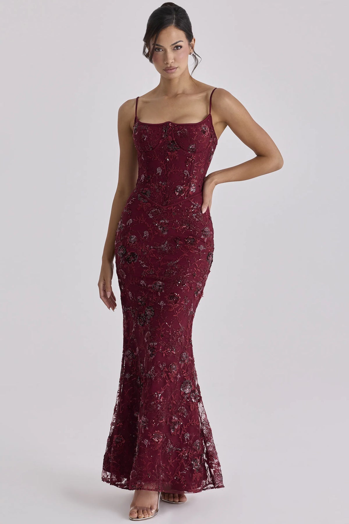 Naima Wine Hand Beaded Embellished Corset Maxi Dress - Limited Edition
