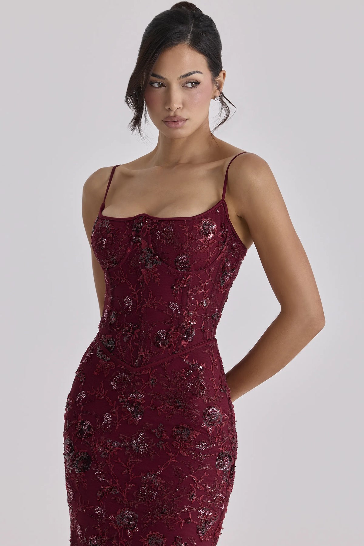 Naima Wine Hand Beaded Embellished Corset Maxi Dress - Limited Edition