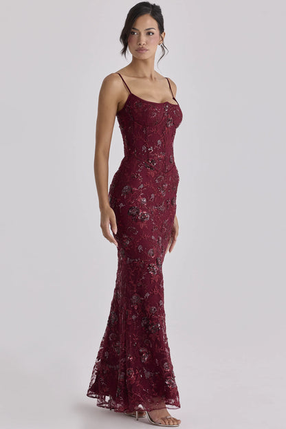 Naima Wine Hand Beaded Embellished Corset Maxi Dress - Limited Edition