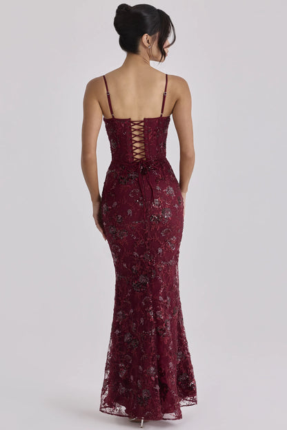 Naima Wine Hand Beaded Embellished Corset Maxi Dress - Limited Edition