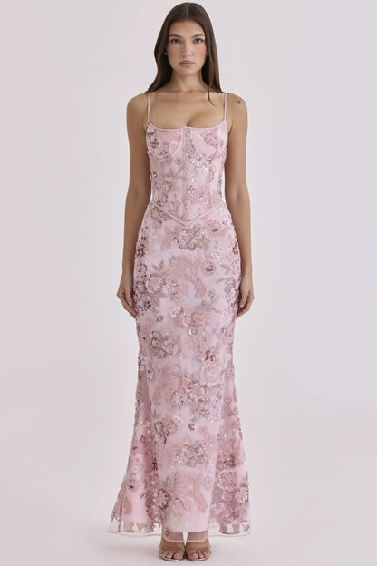 Naima Pink Hand Beaded Embellished Corset Maxi Dress - Limited Edition