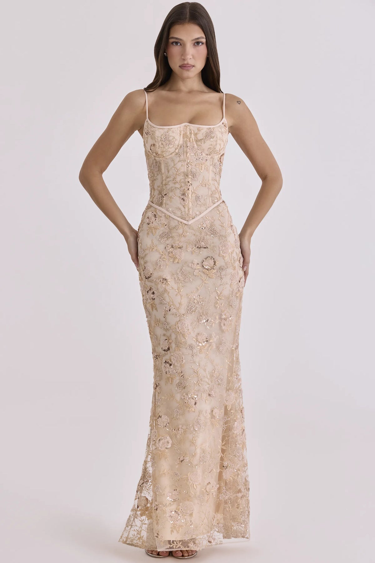 Naima Peach Hand Beaded Embellished Corset Maxi Dress - Limited Edition