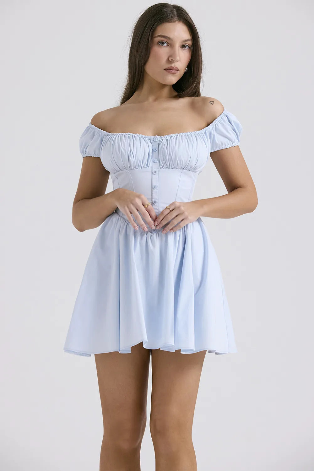 Nala Soft Blue Cotton Gathered Mini Dress