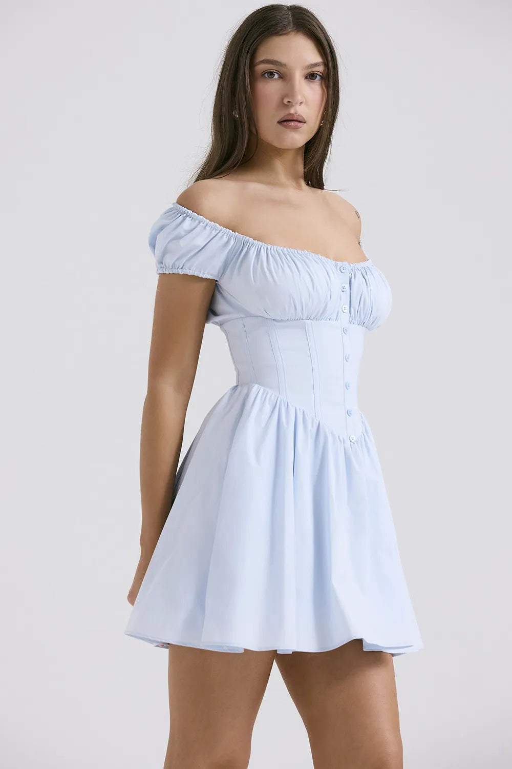 Nala Soft Blue Cotton Gathered Mini Dress