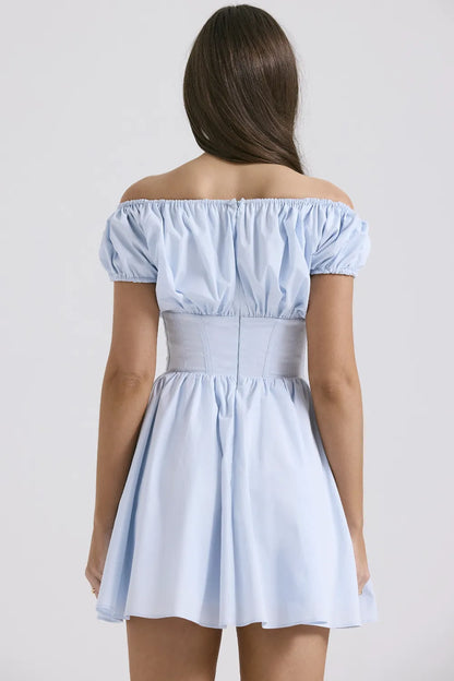 Nala Soft Blue Cotton Gathered Mini Dress