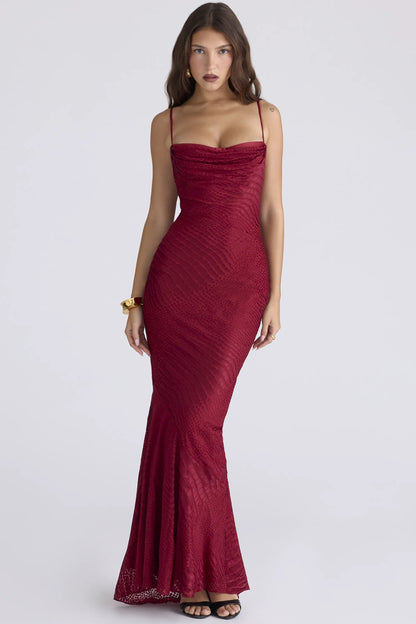 Nalani Deep Red Devoré Satin Maxi Gown - Limited Edition