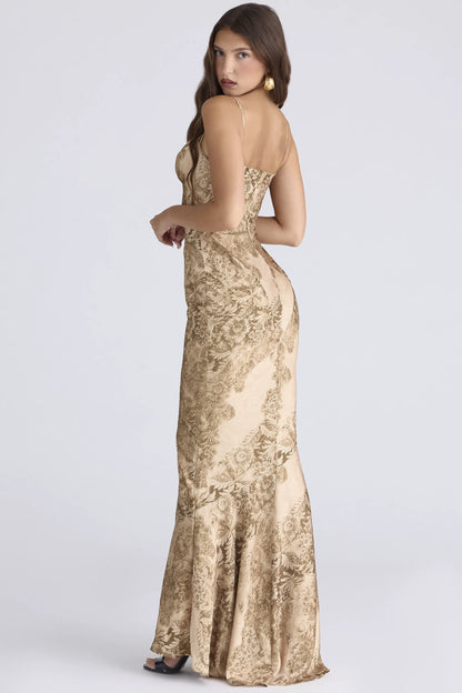 Nalani Gold Patterned Satin Maxi Dress - Limited Edition