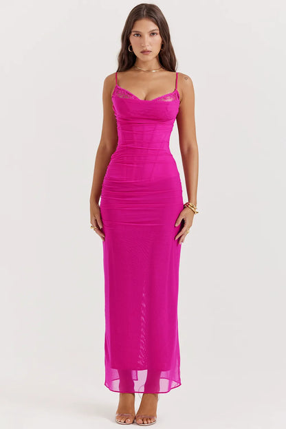 Nalini Fuchsia Stretch Mesh Maxi Dress