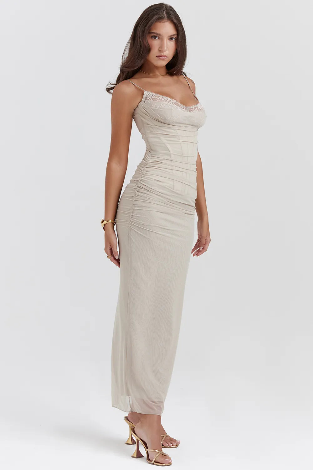 Nalini Sand Stretch Mesh Maxi Dress