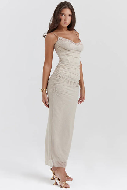 Nalini Sand Stretch Mesh Maxi Dress