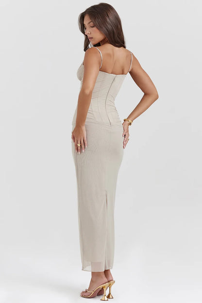 Nalini Sand Stretch Mesh Maxi Dress