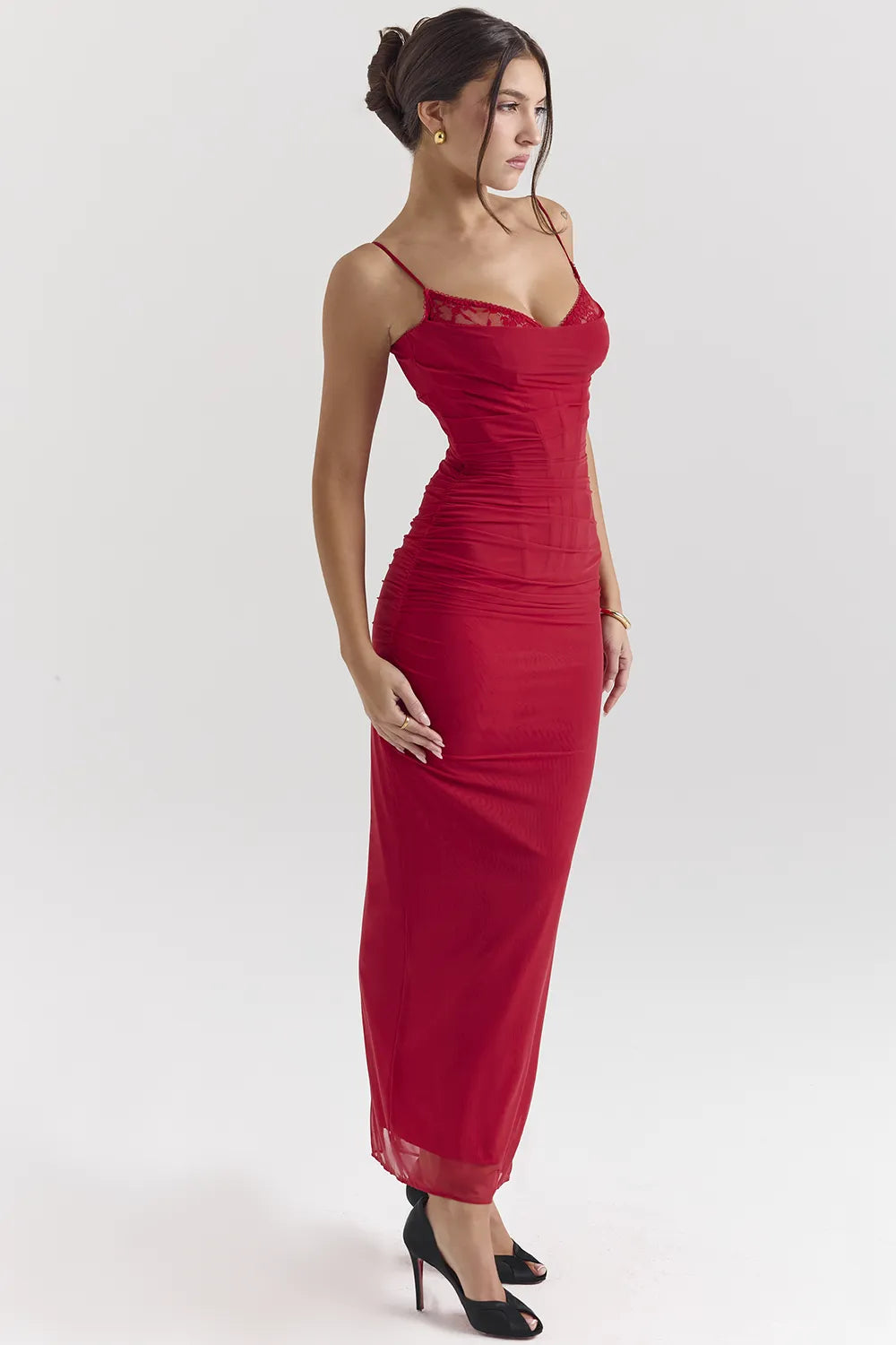 Nalini Holly Red Stretch Mesh Corset Maxi Dress