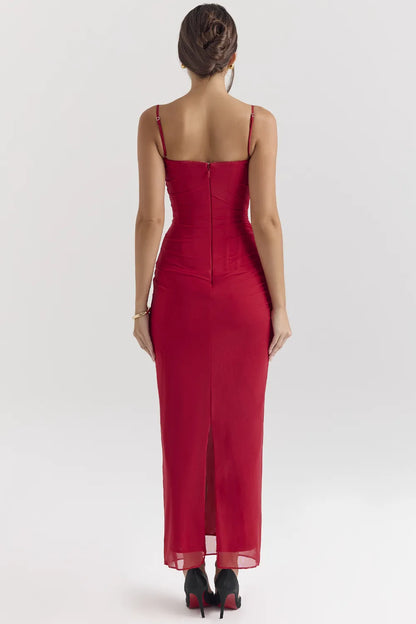 Nalini Holly Red Stretch Mesh Corset Maxi Dress