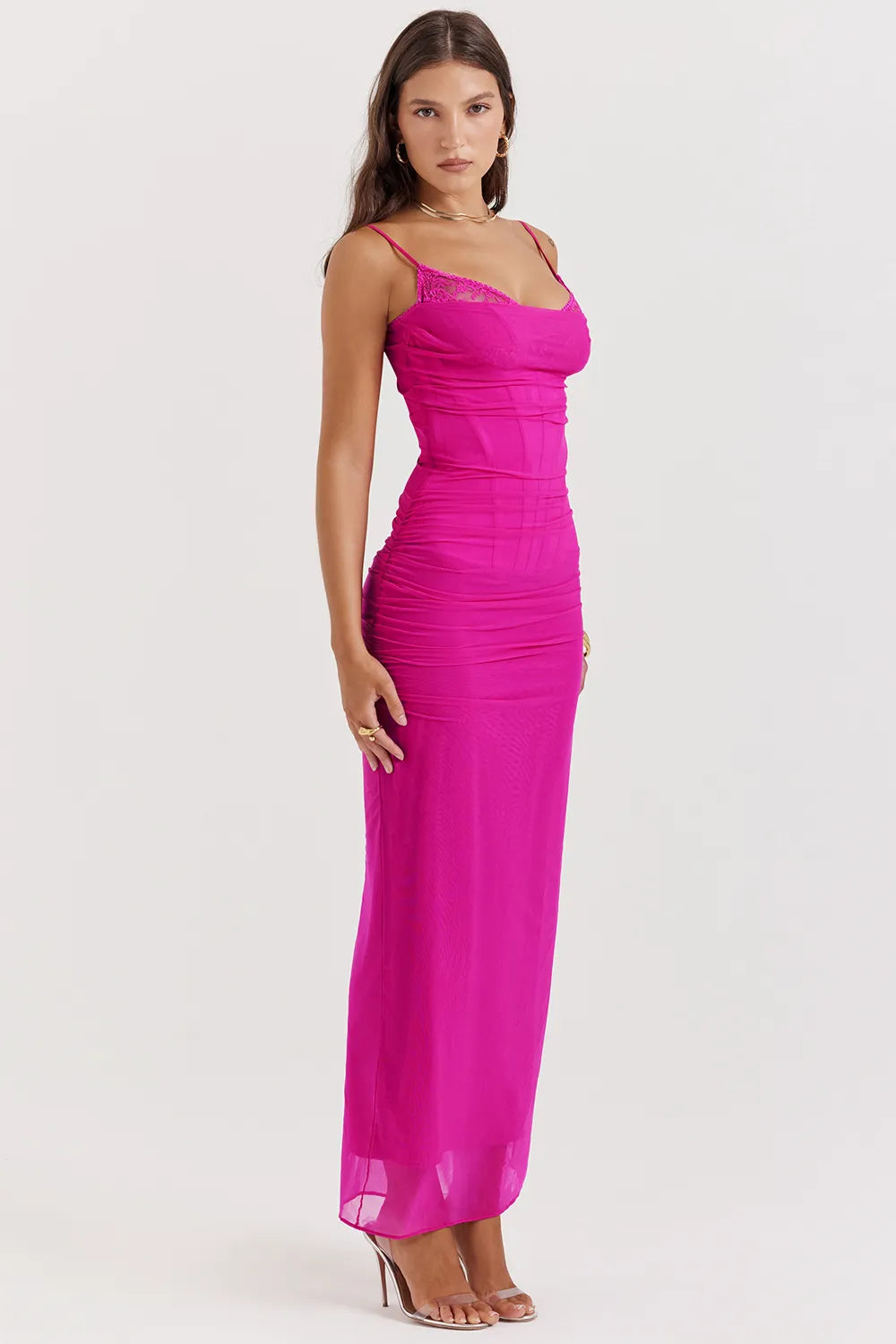 Nalini Fuchsia Stretch Mesh Maxi Dress