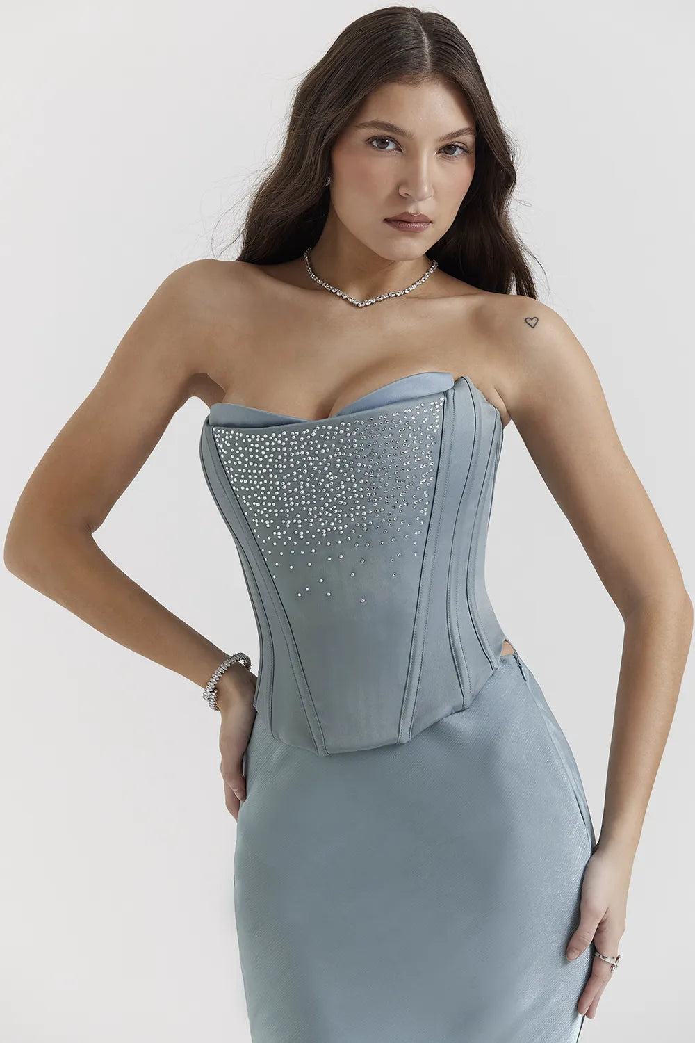 Nastassia Cool Blue Embellished Satin Corset