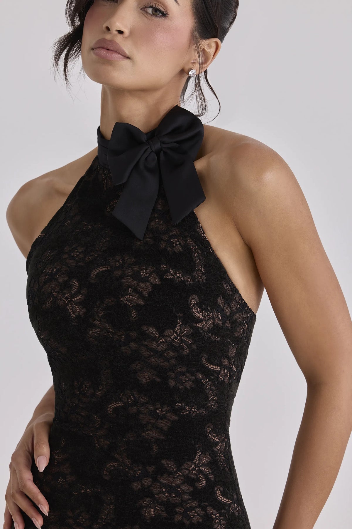 Natalya Black Lace High Neck Mini Dress With Detachable Bow