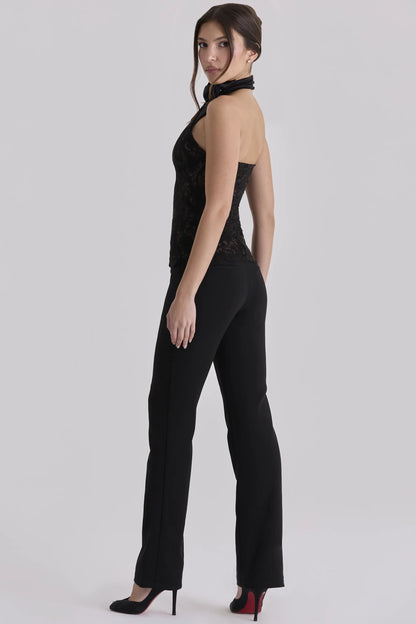 Natalya Black Lace High Neck Top With Detachable Bow