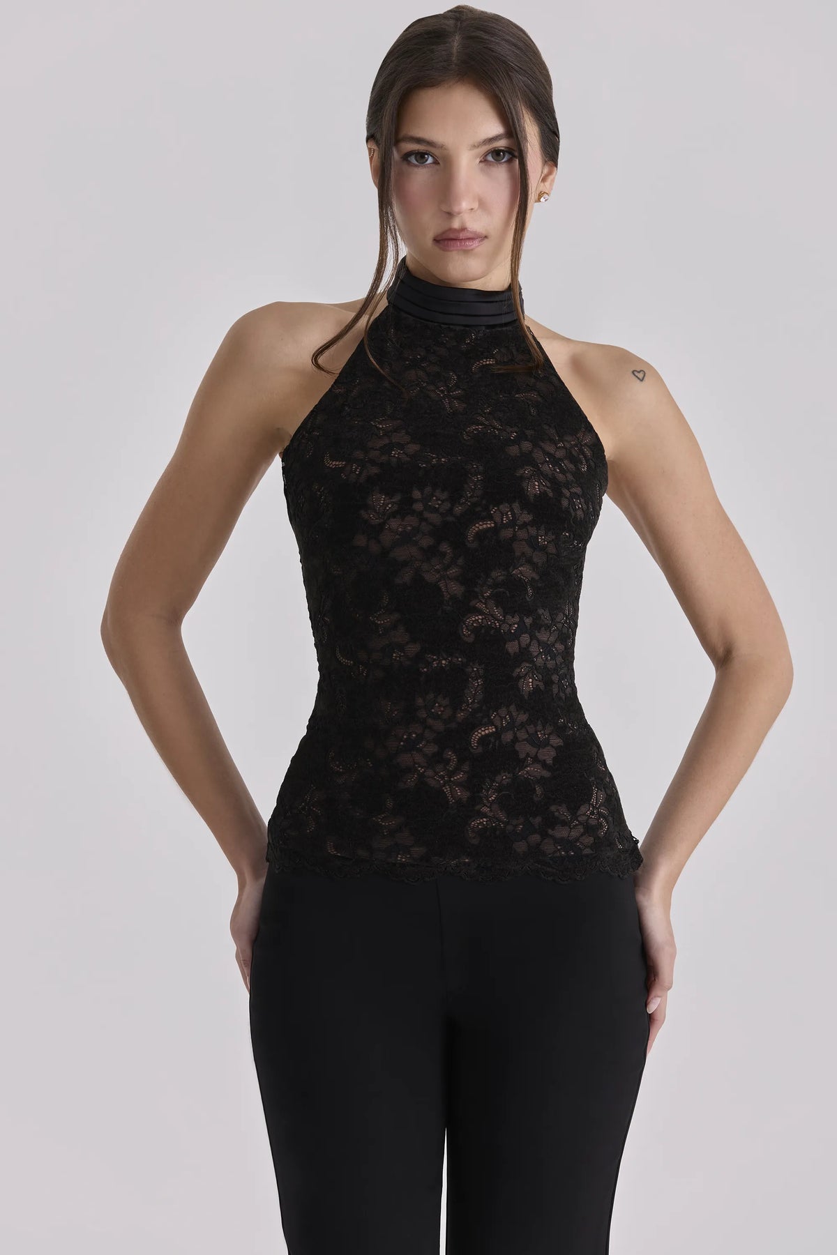 Natalya Black Lace High Neck Top With Detachable Bow