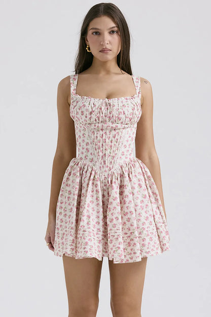 Natassia White Rosebud Print Cotton Mini Dress