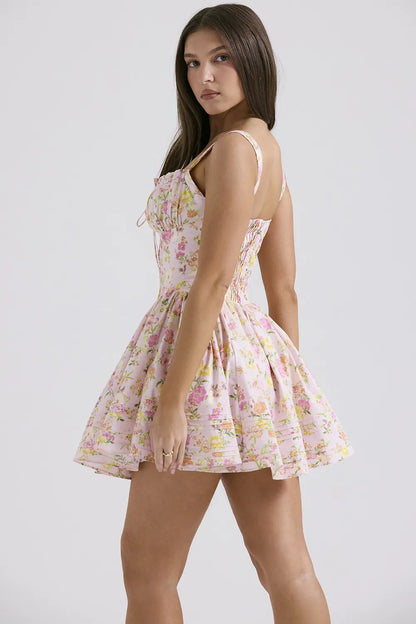 Natassia Pink Meadow Print Cotton Mini Dress