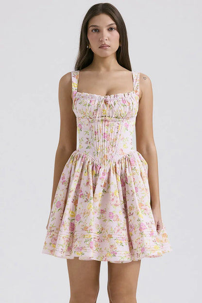 Natassia Pink Meadow Print Cotton Mini Dress