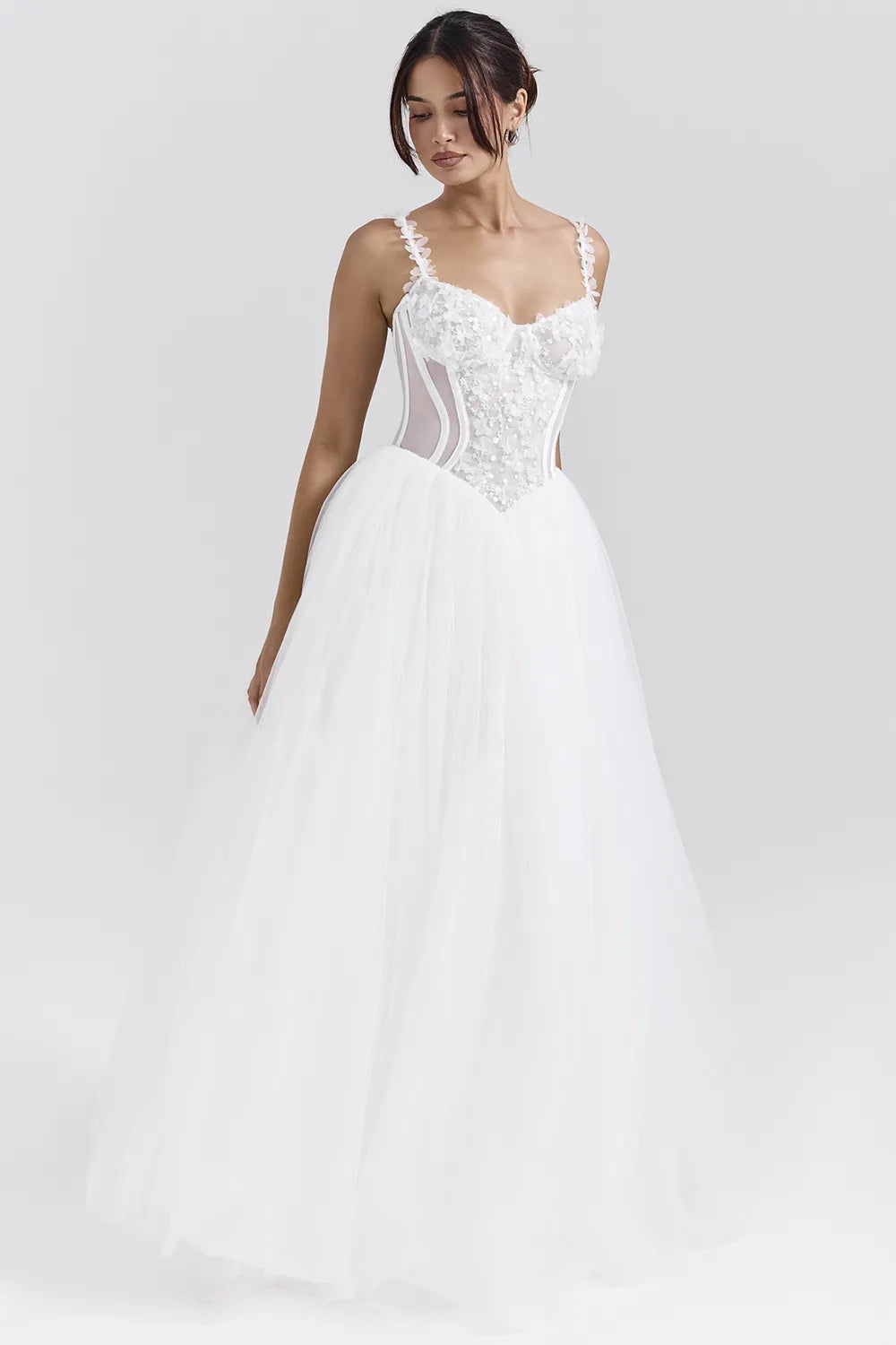 Nathalie White Floral Lace Tulle Bridal Gown