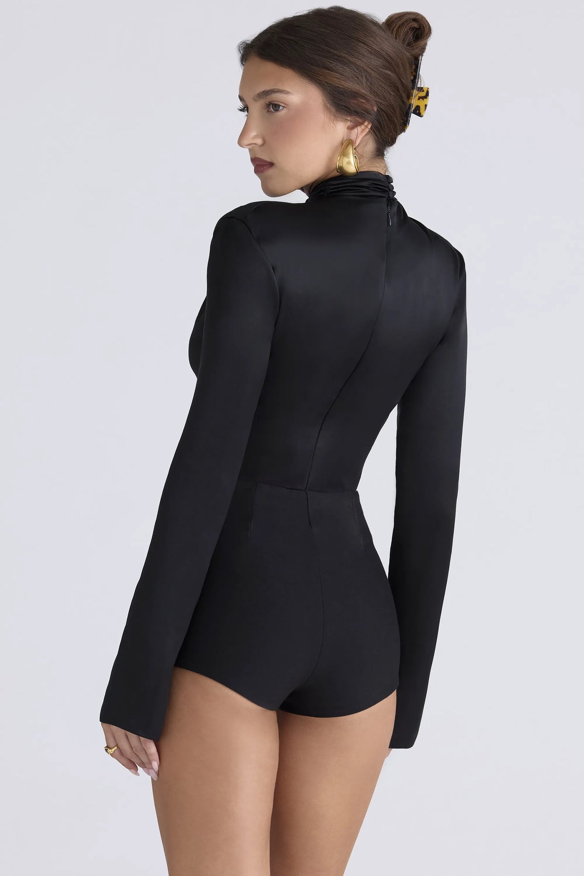 Neneh Black Satin High Neck Long Sleeve Bodysuit