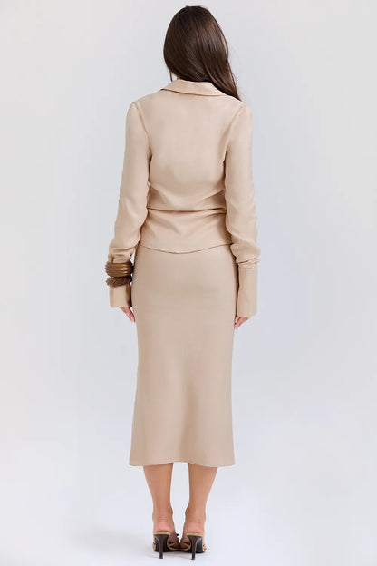 Nevaeh Almond Plunge Shirt Midi Dress