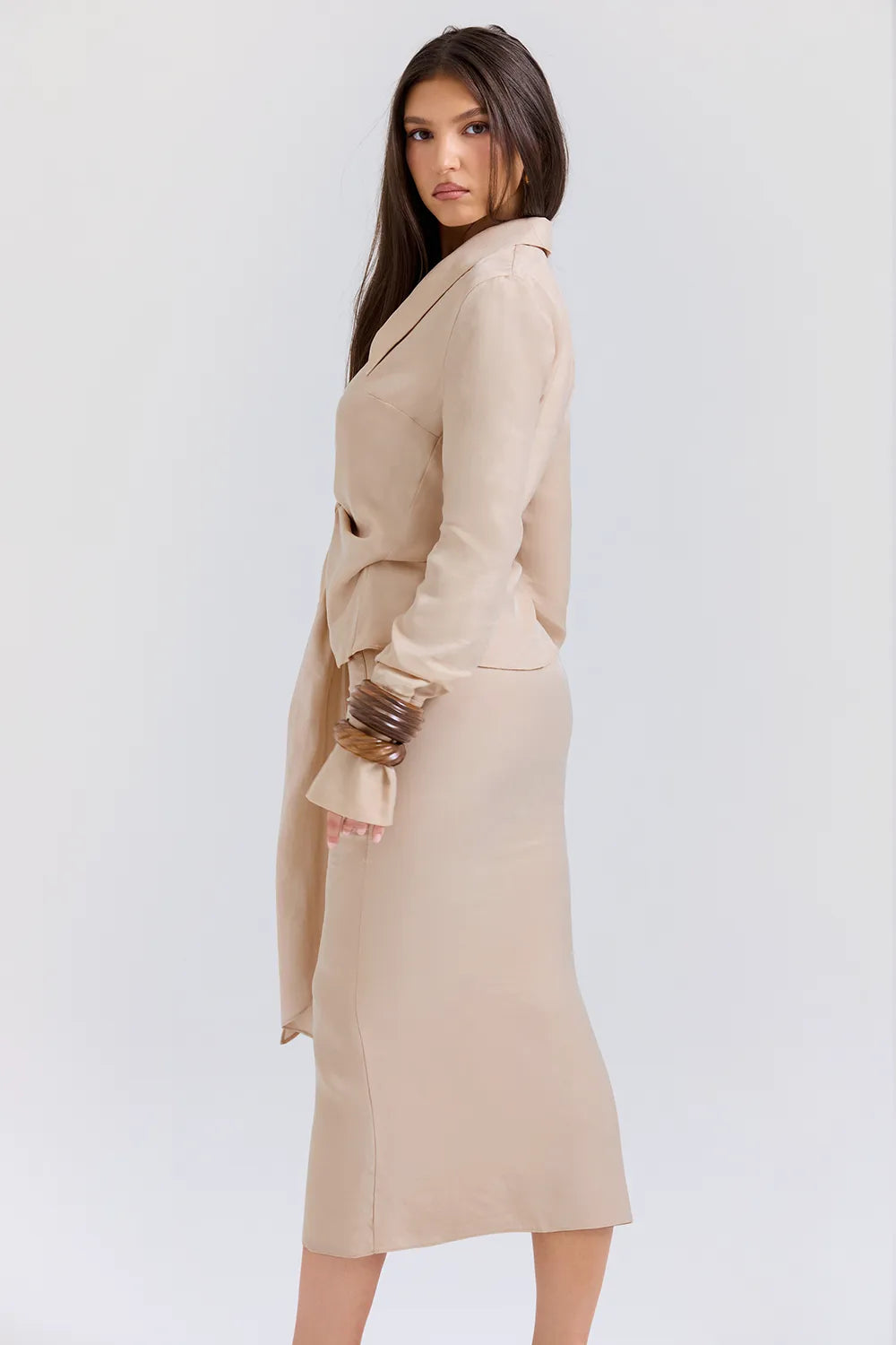 Nevaeh Almond Plunge Shirt Midi Dress