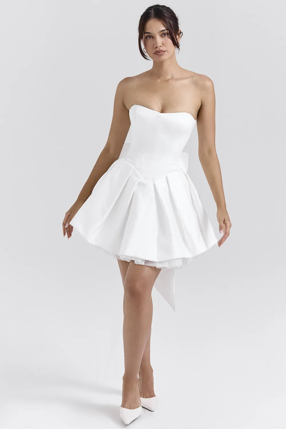 Noele White Satin Strapless Bow Mini Gown