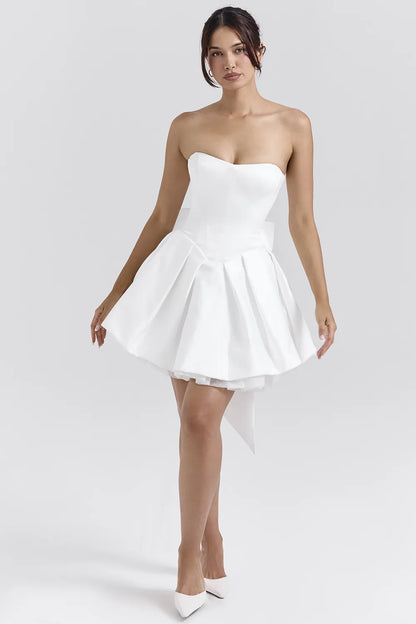 Noele White Satin Strapless Bow Mini Gown