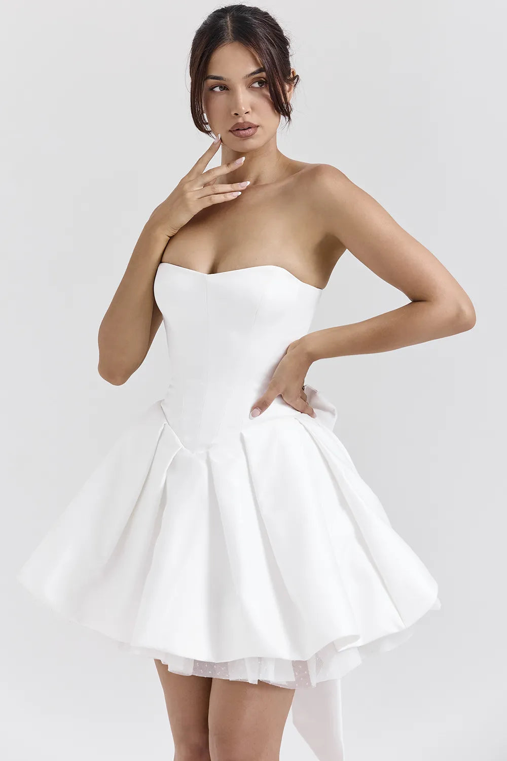 Noele White Satin Strapless Bow Mini Gown