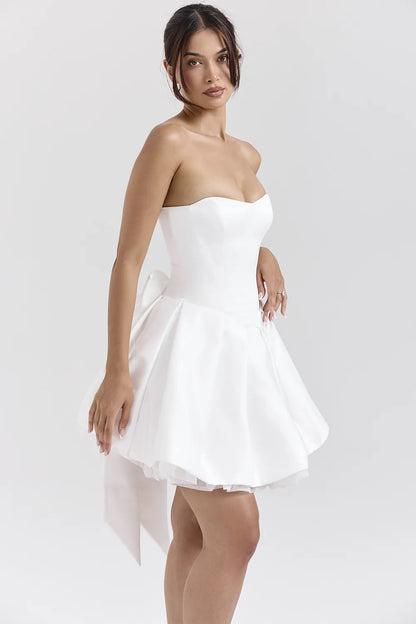 Noele White Satin Strapless Bow Mini Gown