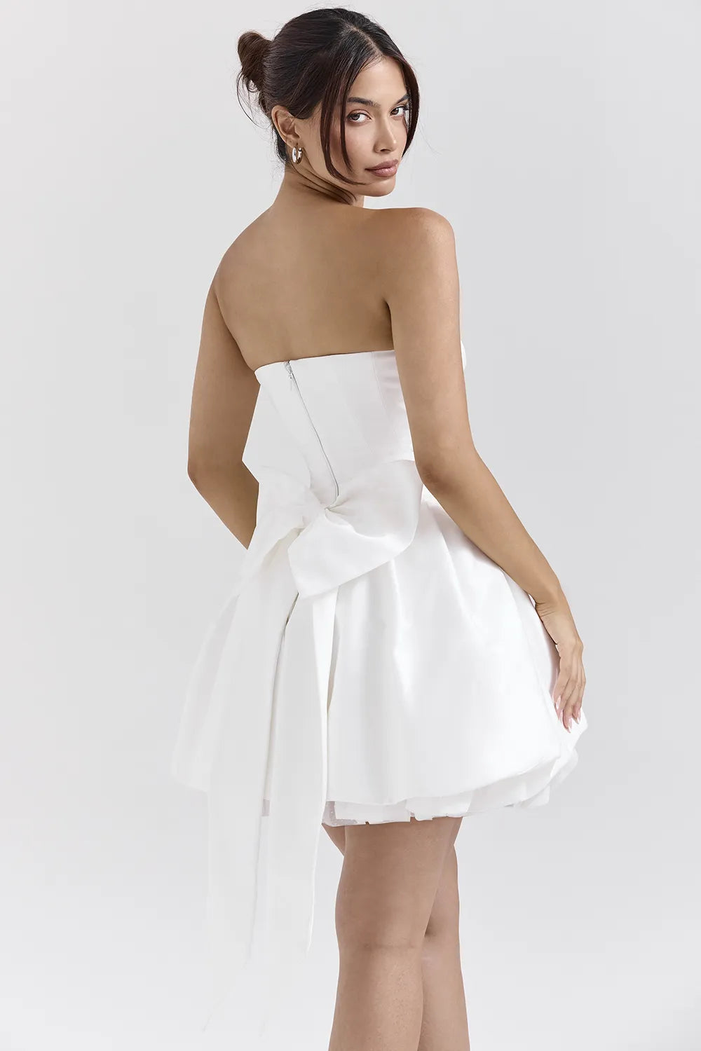 Noele White Satin Strapless Bow Mini Gown