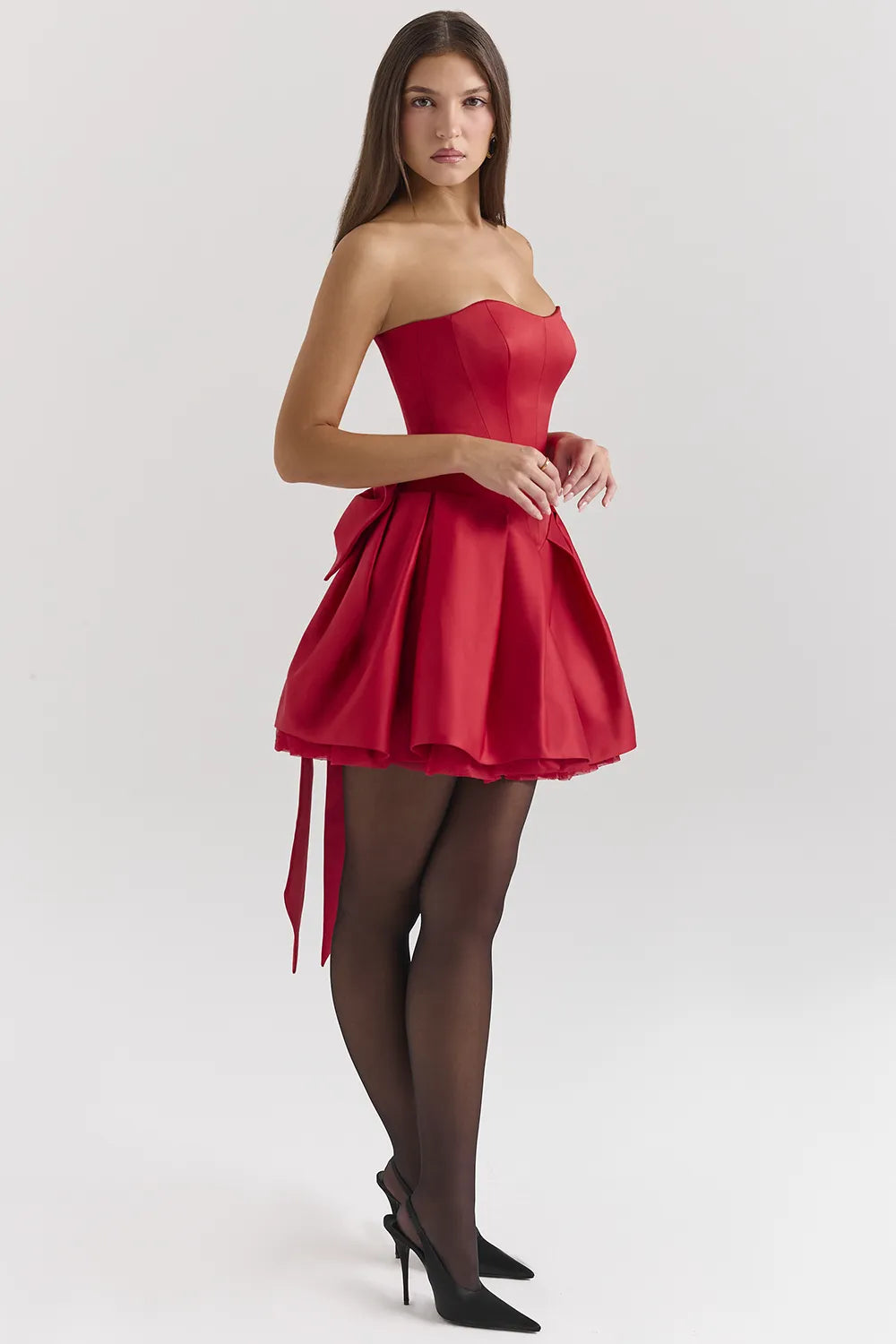 Salome Holly Red Satin Detachable Bow Mini Dress