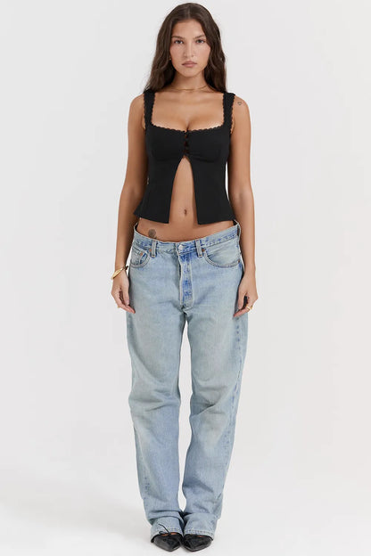 Noura Black Lace Trim Top