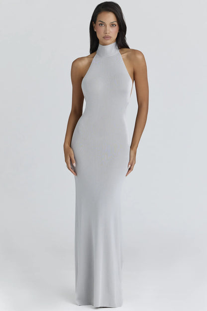 Nova Silver Grey Halter Neck Backless Maxi Dress