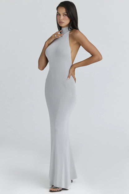 Nova Silver Grey Halter Neck Backless Maxi Dress