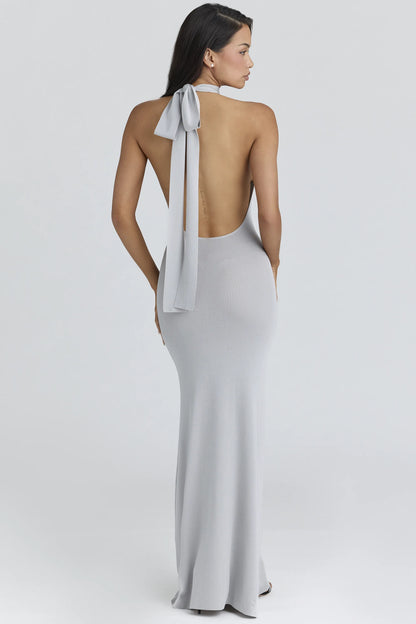 Nova Silver Grey Halter Neck Backless Maxi Dress